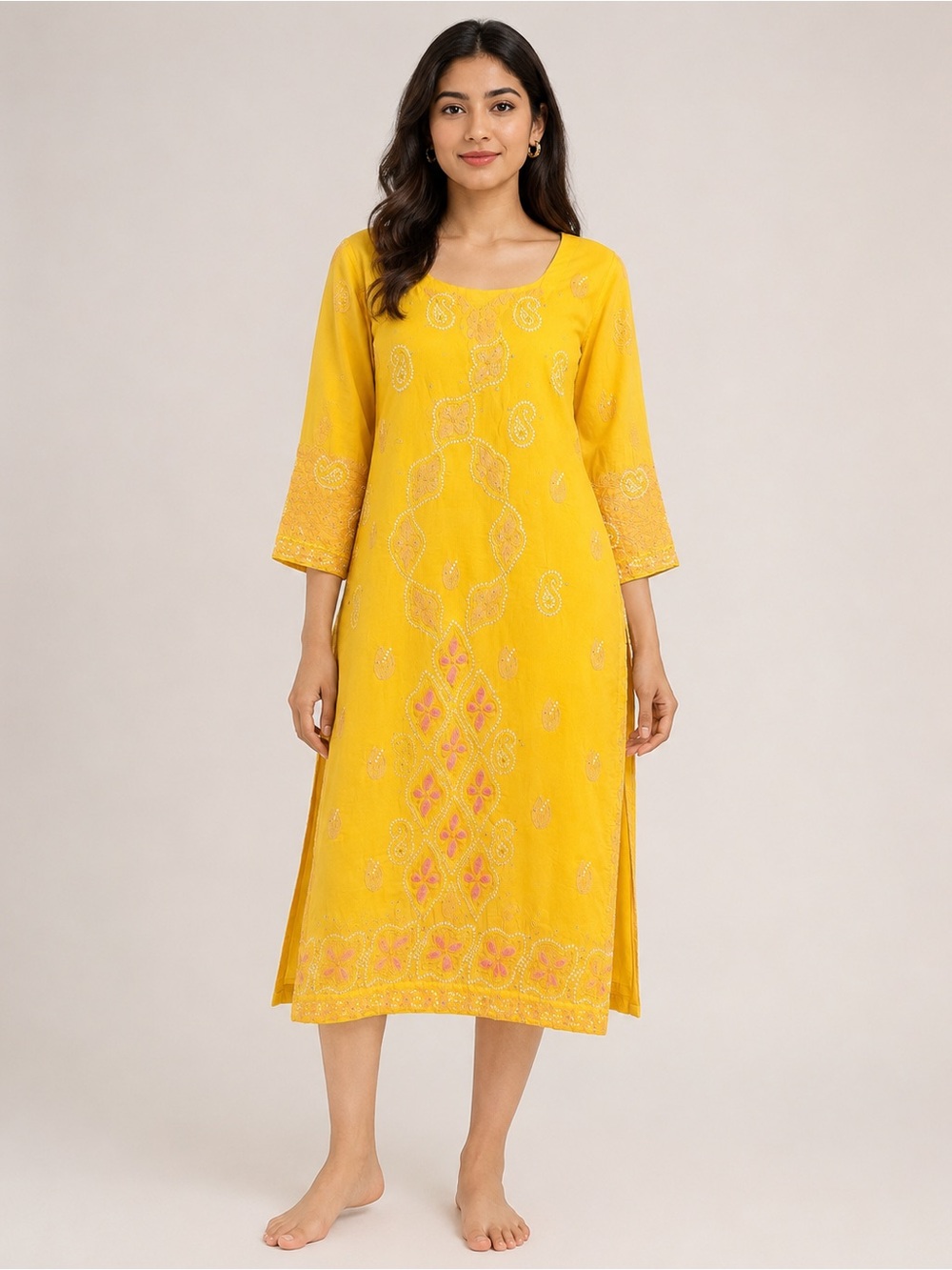 Yellow Embroidered Paisley Kurta Tunic Dress Sequin Mirror Work Boho Ethnic